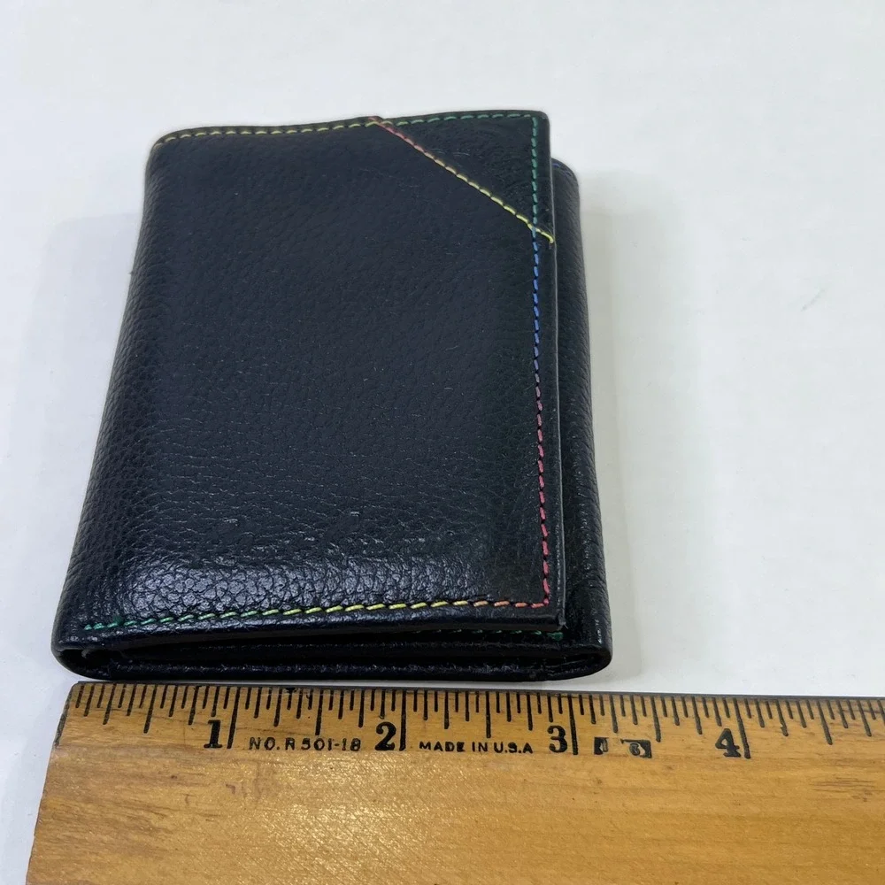 Robert Graham Mens Black Leather Trifold Wallet Multicolor Stitching Paisley